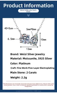 Detail view of S925 silver moissanite necklace with pear and round stones and dimensions