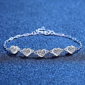 925 Sterling Silver Heart Moissanite Bracelet For Women Simple Romantic Adjustable Chain Bracelet Fashion Jewelry Gift