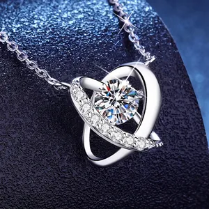 Sparkling S925 sterling silver heart necklace with a round brilliant moissanite center stone