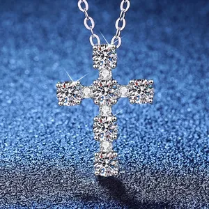 925 Sterling Silver Moissanite Cross Pendant Necklace For Women Trendy Minimalist Inlaid Shiny Religious Jewelry With GRA Certificate