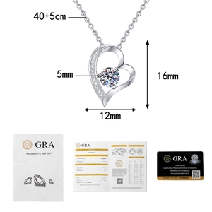 Moissanite S925 silver heart necklace with adjustable chain and GRA certificate details