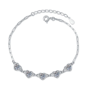 Minimalist S925 sterling silver bracelet featuring five heart-shaped moissanite charms