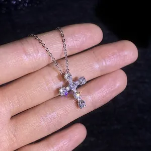 S925 sterling silver cross necklace with pavé cubic zirconia on a minimalist chain