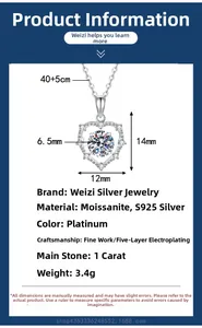 Detailed specs of S925 silver 1ct moissanite heart pendant with dimensions and weight