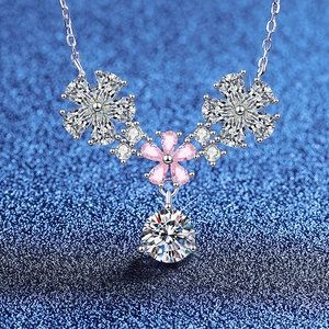 925 Sterling Silver Moissanite Flower Pendant Necklace For Women Elegant Pink Rhinestone Water Drop Petal Necklace Jewelry