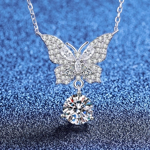 Luxury S925 Sterling Silver Moissanite Butterfly Bowknot Pendant Necklace For Women High Carbon Stone Clavicle Choker Jewelry