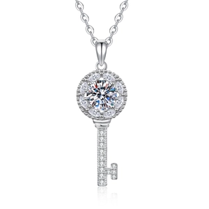 Classic S925 sterling silver key necklace with sparkling moissanite circular pendant