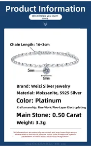Detail of S925 sterling silver bracelet with 0.5ct moissanite and adjustable chain