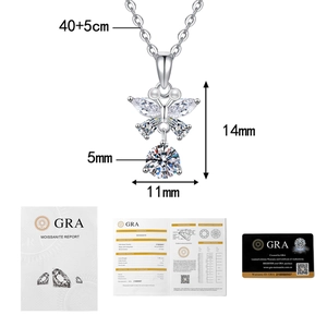 Detailed butterfly pendant dimensions with GRA moissanite certificate and report
