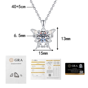 Detail view of butterfly necklace with size 13x15mm and GRA moissanite certificate