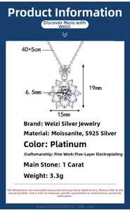 Moissanite snowflake necklace specifications showing 1ct stone size and 45cm chain length