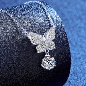 S925 sterling silver bow necklace with moissanite butterfly pendant and round center stone
