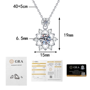 Moissanite snowflake necklace detail showing pendant dimensions and official GRA certificate