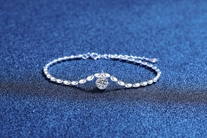 Macro detail of S925 sterling silver beaded bracelet with sparkling moissanite pendant