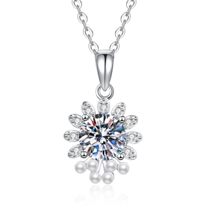 S925 sterling silver moissanite necklace with petal design and hanging pearl beads