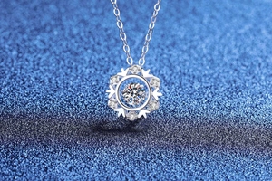Macro detail of S925 sterling silver snowflake pendant with sparkling moissanite stone