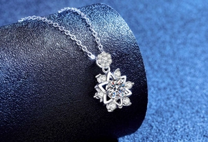 Macro detail of snowflake starburst pendant necklace with shimmering round-cut moissanite
