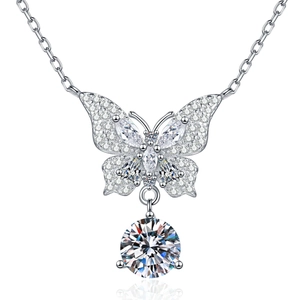 Sparkling S925 sterling silver butterfly necklace with round moissanite pendant for women