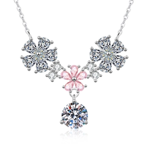 925 silver necklace featuring flower pendant with pink and clear moissanite stones