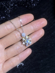 Detail of a sparkling snowflake pendant necklace with a one-carat moissanite center stone