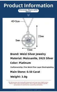 Detailed dimension guide for Moissanite S925 silver necklace with circular pendant