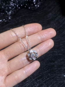 Close-up of a shimmering S925 sterling silver snowflake pendant with moissanite accents