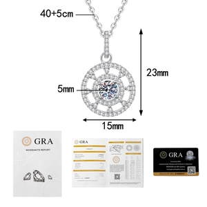 Detail view of S925 silver moissanite necklace with dimensions and GRA certification