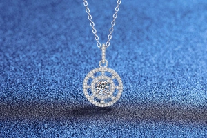 Detailed macro view of S925 silver compass pendant with sparkling moissanite stones