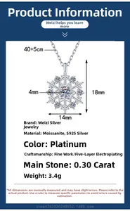 Detail view of S925 sterling silver rotating snowflake necklace with moissanite size specs