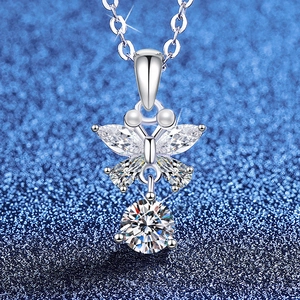Butterfly Wing Pendant Necklace 925 Sterling Silver Sparkling Moissanite Round Marquise Zircon Faux Artificial Pearl Elegant Women