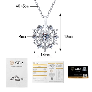 Detail of Moissanite snowflake necklace pendant with GRA certificate and size dimensions