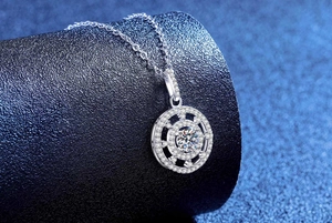 Macro detail of S925 silver compass pendant with sparkling moissanite main stone