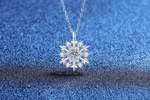 Macro detail of S925 sterling silver rotating snowflake pendant with moissanite stone