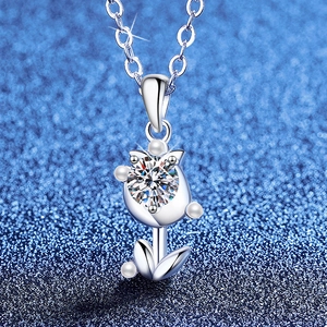 Elegant 925 Sterling Silver Moissanite Tulip Pendant Necklace With Artificial Pearl Accents Light Luxury Floral Jewelry For Women Gift