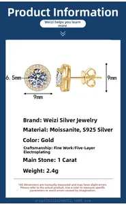 Detail specifications of 1ct gold-plated 925 silver moissanite stud earrings with dimensions