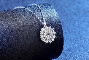 Close-up of S925 sterling silver snowflake pendant necklace with moissanite stones