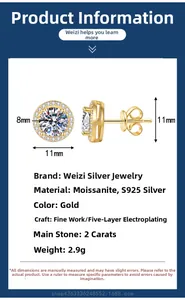 Detail of 2-carat moissanite stud earrings in 925 sterling silver with gold plating