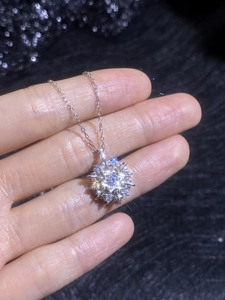 Macro shot of S925 sterling silver snowflake pendant with moissanite crystals