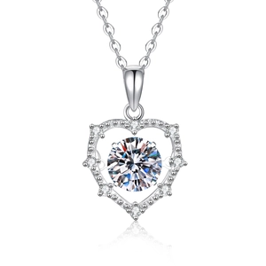 S925 sterling silver heart necklace featuring a dancing moissanite center stone on white base