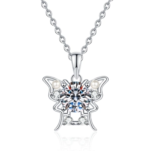 S925 sterling silver butterfly necklace with moissanite and pearls on white background