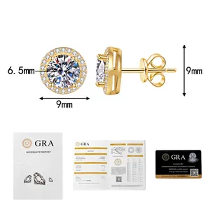 Detailed view of 1 carat moissanite halo earrings in gold with GRA certification documents