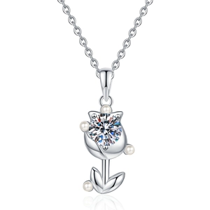 S925 sterling silver tulip pendant necklace with moissanite and pearls on O-chain