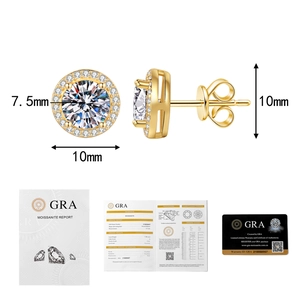 Detailed view of 10mm gold moissanite stud earrings with GRA certification reports