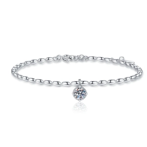 Minimalist S925 sterling silver rice bead bracelet with brilliant moissanite pendant