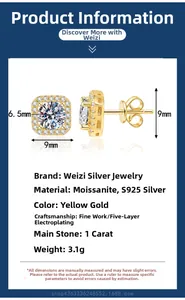Vues détaillées des boucles d'oreilles moissanite 1 carat en argent 925 plaqué or