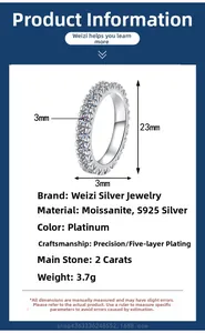 Détails de la bague en argent S925 moissanite 2ct avec diamètre 23mm et largeur de 3mm