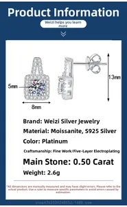 Detailed view of 0.5ct princess cut moissanite earrings in s925 sterling silver