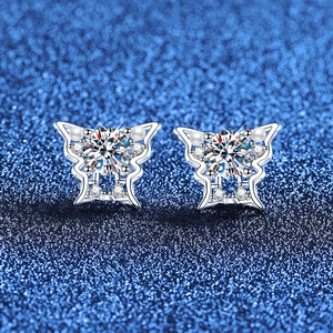 Butterfly Stud Earrings With Moissanite Round Main Stone And Artificial Pearl Accents 925 Sterling Silver Earring Post For Women