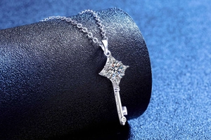 Dettaglio macro del ciondolo chiave a stella in argento con pietra moissanite brillante