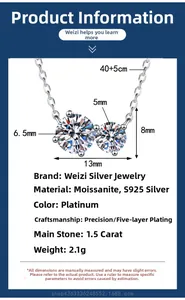 Detailed specs of S925 silver 1.5ct moissanite necklace with 40+5cm chain and twin stars